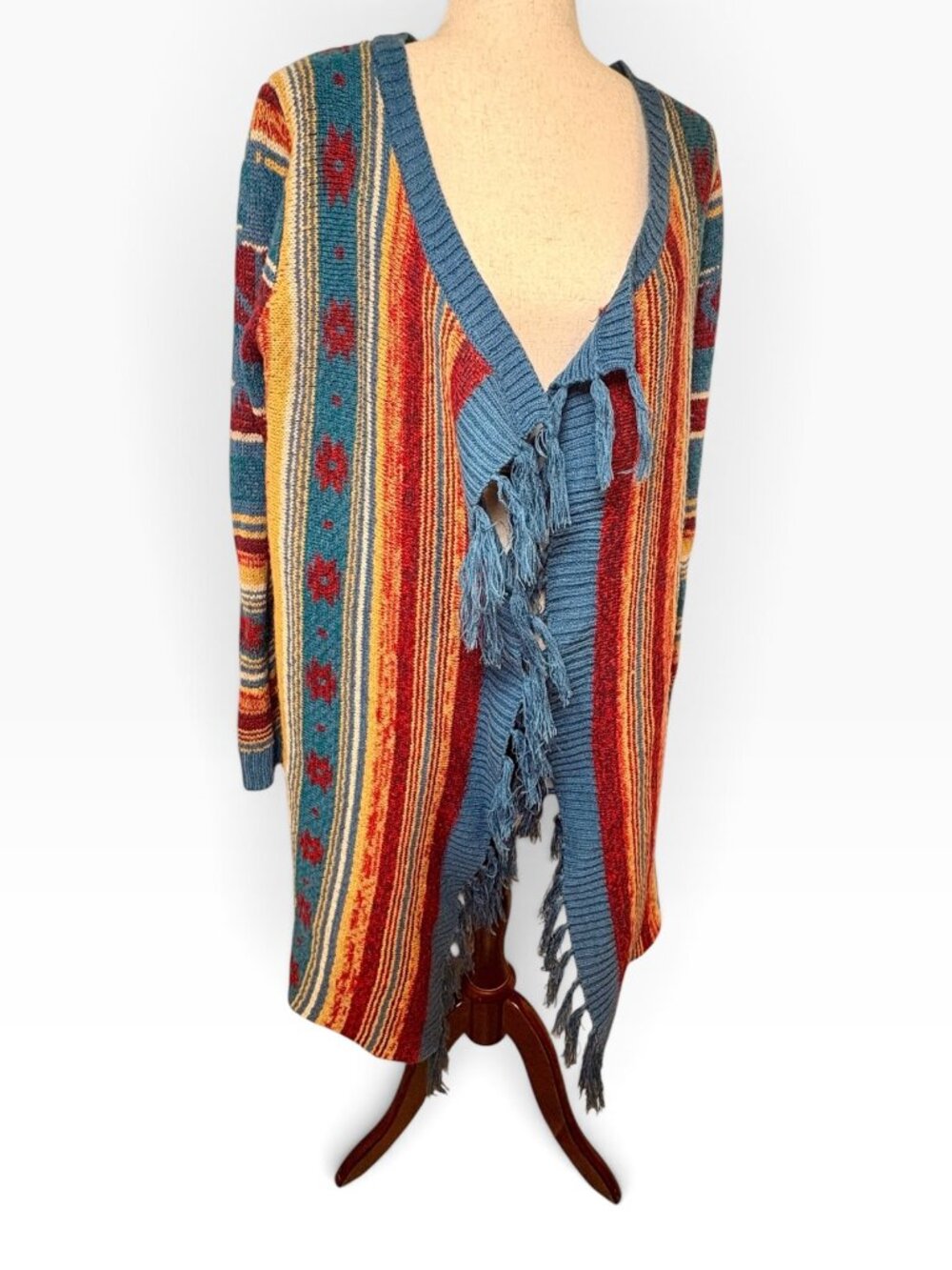 Wrangler Blue Red Southwestern Aztec Fringe Duster Cardigan Size Medium